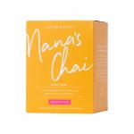 A small rectangular box labeled JP’s Originals Nana’s Chai shows warm ochre and deep burgundy tones. Stylized typography centers on the name while an illustrated steaming cup and scattered spice motifs—cardamom, cinnamon, star anise—decorate the front against a subtle textured background. With foil.