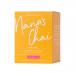 A small rectangular box labeled JP’s Originals Nana’s Chai shows warm ochre and deep burgundy tones. Stylized typography centers on the name while an illustrated steaming cup and scattered spice motifs—cardamom, cinnamon, star anise—decorate the front against a subtle textured background. With foil.