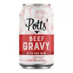 Six 350g cans of Potts Beef & Red Wine Gravy sit neatly packed in a cardboard tray. Each glossy label shows the Potts logo, a stylized beef and wine graphic and deep brown sauce swirls. Metal lids catch studio light, and packaging edges appear crisp and uniform. Background is soft neutral grey tone.
