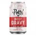 Six 350g cans of Potts Beef & Red Wine Gravy sit neatly packed in a cardboard tray. Each glossy label shows the Potts logo, a stylized beef and wine graphic and deep brown sauce swirls. Metal lids catch studio light, and packaging edges appear crisp and uniform. Background is soft neutral grey tone.