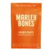 A small resealable pouch stands upright against a pale background, featuring the Marleybones logo and bold lettering. Illustration of a chicken and green superfood leaves decorates the front. A clear window reveals dark, air-dried strips stacked inside, with subtle nutritional icons. Textured foils.