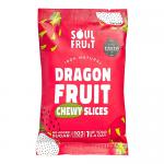 A neat arrangement of ten slim 30g pouches displays soft-dried dragon fruit slices in vivid magenta with white flecks. Some packs have a clear window revealing textured, slightly wrinkled fruit; clean white labels and a dragon-fruit illustration appear on each pouch.