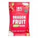 A neat arrangement of ten slim 30g pouches displays soft-dried dragon fruit slices in vivid magenta with white flecks. Some packs have a clear window revealing textured, slightly wrinkled fruit; clean white labels and a dragon-fruit illustration appear on each pouch.