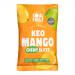 Image shows a small, vibrant orange-yellow pouch labeled Soul Fruit with bold typography. A clear window reveals glossy, irregular soft-dried mango slices stacked inside. The bag rests on a plain white surface with soft shadowing.