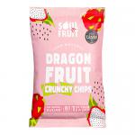 Bright magenta dragon fruit chips lie scattered beside a 20g branded packet that displays a bold logo and vibrant fruit imagery. Thin, irregular slices show white, speckled interiors and crisp, curled edges. A neutral background highlights vivid colors and textures. Soft shadows fall across the scene