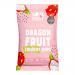 Bright magenta dragon fruit chips lie scattered beside a 20g branded packet that displays a bold logo and vibrant fruit imagery. Thin, irregular slices show white, speckled interiors and crisp, curled edges. A neutral background highlights vivid colors and textures. Soft shadows fall across the scene