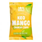 Brightly colored pack shows a clear window revealing thin, golden-orange mango chips stacked inside. The Soul Fruit logo sits atop a vibrant yellow and green background with leaf motifs. Nutritional icons and the 20g label appear near the bottom; ten packs sit grouped together. Soft studio lighting.