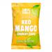 Brightly colored pack shows a clear window revealing thin, golden-orange mango chips stacked inside. The Soul Fruit logo sits atop a vibrant yellow and green background with leaf motifs. Nutritional icons and the 20g label appear near the bottom; ten packs sit grouped together. Soft studio lighting.