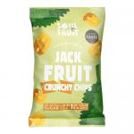 The photo shows a small glossy Soul Fruit Crunchy Jackfruit Chips packet. Bright tropical colors and bold logo occupy the front, with a vivid jackfruit illustration and a clear window revealing golden, irregular crisp slices. The packet rests against a plain white background. Soft studio light gleams.