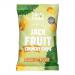 The photo shows a small glossy Soul Fruit Crunchy Jackfruit Chips packet. Bright tropical colors and bold logo occupy the front, with a vivid jackfruit illustration and a clear window revealing golden, irregular crisp slices. The packet rests against a plain white background. Soft studio light gleams.