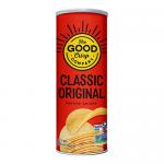 Eight red-and-cream packets of The Good Crisp Co Original are arranged in two rows. Each packet shows the circular brand logo, the word Original, and an image of ridged potato crisps spilling against a plain white background, emphasizing the packaging details. Soft lighting adds subtle highlights...