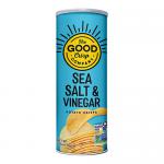 A teal snack bag of The Good Crisp Co Sea Salt & Vinegar stands upright against a plain background. The circular white logo appears near the top, bold navy text labels the flavor, and cartoon-style crisps, salt crystals and vinegar drops illustrate the front.