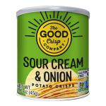 A group of twelve 45g The Good Crisp Co Sour Cream & Onion bags sits on a white background. Each matte pale-green packet features the brand logo, stylized chips and onion graphics, ingredient and nutrition panels, and crisp typography; the bags are neatly arranged in a loose stack. With a soft glow.