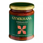 Six glass bottles of Gymkhana Vindaloo Cooking Sauce stand in a neat row. Each 300ml bottle shows vibrant orange-red sauce through clear glass; a black-and-gold label displays the Gymkhana logo, spice illustrations and bold typography. Metal caps catch studio light. Reflections and soft shadows outline