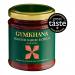 Six clear glass jars sit side by side, revealing a glossy deep-red roasted garlic and chilli marinade flecked with chilli seeds and garlic bits. Each jar has a bold Gymkhana label with decorative motifs and a black lid, set against a simple neutral background.