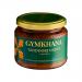 Six clear 200ml bottles stand in two rows, each filled with rich russet-red tandoori onion chutney. Labels show the Gymkhana logo and product name with spice imagery. Black caps seal the bottles; glossy sauce texture and flecks of onion and spices are visible.