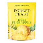 A clear resealable pouch displays bright golden dried pineapple chunks mingled with assorted nuts and seeds. A tropical-themed label shows pineapple illustrations and green palm leaves, bold product name and 120g weight. The mix looks colorful and textured.