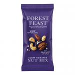 Photo shows a matte Forest Feast pouch with a clear window displaying glossy slow-roasted almonds, cashews, hazelnuts, dried cranberries and pumpkin seeds. Earthy green and brown packaging features the brand logo.