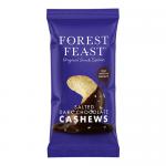 A glossy brown snack pouch displays the Forest Feast logo at the top, a clear photo of dark-chocolate-coated cashews spilling beside whole cashews, and stylized fruit, nut and seed icons along the base. Bold type lists product name while vibrant colors contrast the dark chocolate tones. Clean, neat.