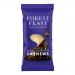 A glossy brown snack pouch displays the Forest Feast logo at the top, a clear photo of dark-chocolate-coated cashews spilling beside whole cashews, and stylized fruit, nut and seed icons along the base. Bold type lists product name while vibrant colors contrast the dark chocolate tones. Clean, neat.