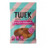 Bright, glossy packet labeled Tweek Sweets Fizzy Fusion sits on a plain surface. A clear window reveals 14 sugar-dusted, irregular chewy pieces in neon pink, green, yellow and orange. Tiny fizz crystals glisten on each tongue-shaped sweet, with colorful branding and playful typography on the wrapper.