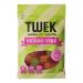 Photo shows a rectangular 80g Tweek Sweets Vegan Vibe packet with vibrant pastel mint and pink hues and a bold logo. Playful typography and small icons sit on the front. A clear window reveals fourteen colorful, round confections arranged inside. Soft shadows and glossy accents define edges.