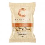 A 45g Cambrook Baked & Salted Cashews packet stands upright, showing the Cambrook logo, product name and a photo of golden cashews. The pack features nutrition icons, simple coloured graphics and a transparent window revealing roasted cashew pieces on a white background.