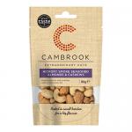 Image shows a small matte pouch of Cambrook Hickory Smoke Seasoned Almonds & Cashews. Warm brown and orange graphics feature the Cambrook logo, prominent 'Hickory Smoke' wording and realistic almonds and cashews scattered on the front with a faint wispy smoke illustration.