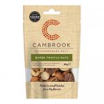 A matte resealable pouch displays Cambrook branding and a clear oval window revealing mixed nuts enrobed in a dark truffle glaze. The front panel reads Baked Truffle Nuts 80g with small fruit, nuts & seeds icons. Back panel shows ingredients and nutritional information text. subtle sheen along edges.