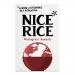 A rectangular bag of Nice Rice wholegrain basmati sits upright on a plain surface. Warm earth-toned packaging shows a clear window revealing long brown grains. A bold logo sits near the top, product text and small icons line the sides, and a soft pastoral illustration wraps the base with soft sheen.