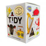 Image shows a compact rectangular cardboard box of Tidy Tea Welsh Black All Day Breakfast Tea. Packaging displays the brand name and product title, an illustration of pyramid-shaped tea sachets and loose leaves, earthy green and cream tones, and a plastic-free claim icon. Crisp text on front panel..