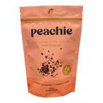 Photo shows a 12-pack of Peachie Lifestyle 200g tubs arranged in a cardboard tray. Each peach-toned label displays the Peachie logo, illustrations of almonds, cranberries and mixed seeds, and bold product name 'Menopause Topping'. Pack layout is neat and stacked.