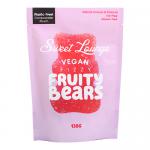 Photo shows eight identical colourful pouches of Sweet Lounge Vegan Fizzy Fruity Bears, each 130g. The glossy bags feature bright graphics and a clear window revealing multicolored, sugar-coated bear-shaped gummies. Labels and brand logo appear on each pouch.