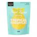 A vibrant yellow pouch displays bright sliced pineapples and green leaves on a turquoise background. White bubble motifs suggest fizzy texture. Bold 'Sweet Lounge' and 'Vegan' labels appear above colorful candy illustrations and a clear weight statement near the base. A glossy finish and resealable.