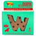 A bright bag displays the W’ZIS Nutty Dubyas logo over a playful illustration of a smiling dog. Transparent window reveals eight brown, twisted chews. Warm orange and teal packaging features nut motifs, feeding icons, and bold white text against a clean studio background. Glossy accents catch light.