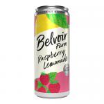 A neat row of slender glass bottles holds pale rose lemonade. Paper labels show raspberries and lemon slices in vintage botanical style, printed Belvoir Fruit Farm. Condensation dots the glass; gold caps gleam. Soft studio lighting casts gentle reflections. Soft cream backdrop and gentle shadows dim