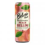 A cluster of slim metallic peach-colored cans sits in a neat 12-pack box, each can displaying elegant lettering and a watercolor peach illustration. Soft pastel hues, glossy finish and delicate fruit motifs create a fresh, artisanal look under bright studio light. With soft leaf accents and shadows.