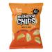 A colorful pack of Real Naturals Shiitake Mushroom Chips Garlic & Herb sits against a plain background. The bag shows illustrated shiitake mushrooms, garlic cloves and sprigs of herbs. Crispy brown mushroom chips tumble out, showing ridged, textured surfaces.