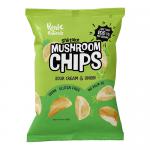 Image shows twelve 32g packets of Real Naturals Shiitake Mushroom Chips Sour Cream & Onion. Each bag displays the brand logo, flavor name and a photo of crisp shiitake slices with sour cream and chives. Packets sit together on a plain white background.