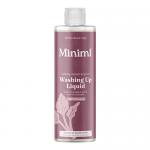 Six 500ml Miniml bottles of Washing Up Liquid in Wild Rhubarb & Lemon sit in a neat row. Clear PET bottles reveal a pale pink liquid. Simple white labels feature black minimalist typography and a small citrus illustration. White flip-top caps finish the clean, uniform arrangement. Soft studio light.