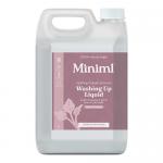 Two 5L Miniml washing-up containers stand side by side on a plain background. Translucent bottles show pale pink liquid. Clean white labels display the Miniml name, a rhubarb stalk illustration and a lemon wedge, with screw caps and integrated handles.