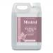 Two 5L Miniml washing-up containers stand side by side on a plain background. Translucent bottles show pale pink liquid. Clean white labels display the Miniml name, a rhubarb stalk illustration and a lemon wedge, with screw caps and integrated handles.