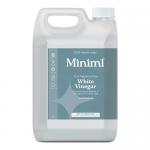 Two 5L white plastic jugs of Miniml white vinegar stand side by side on a plain white background. Each jug features a minimalist label with black and green text, a molded handle and screw cap. Soft lighting casts subtle shadows and highlights the clean, simple packaging. A soft label glare shows up.