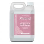 Two pale-pink 5L jugs of Miniml Bodywash & Bubble Bath sit side by side on a white surface. Minimal labels show stylized pink grapefruit and aloe illustrations with simple black typography. Matte plastic, screw caps and molded handles cast soft studio shadows.