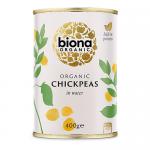 Photo shows six 400g packs of Biona Organic chickpeas. Each pack displays pale beige whole chickpeas visible through a clear window and a green-and-white label with the Biona logo and product name. Packs sit side by side on a plain surface against a neutral background. Soft lighting reveals texture.