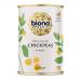 Photo shows six 400g packs of Biona Organic chickpeas. Each pack displays pale beige whole chickpeas visible through a clear window and a green-and-white label with the Biona logo and product name. Packs sit side by side on a plain surface against a neutral background. Soft lighting reveals texture.