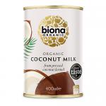A shrink-wrapped six-pack of 400ml Biona Organic coconut milk cartons sits on a plain surface. Each white carton shows the green Biona logo, an illustrated halved coconut and leafy accents. The pack appears neat, compact and uniformly aligned in two rows of three. Matte surface small icons on sides.