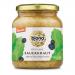 Several clear glass jars of Biona Organic Demeter sauerkraut, each labeled 360 g, stand in a neat row on a neutral surface. Pale shredded cabbage shows through the glass. White labels display the green Biona logo, Demeter and organic certification marks, with green lids and simple lighting. Softly.