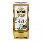 The image shows six identical 350g bottles of Biona Organic Light Agave Syrup. Clear bottles reveal pale golden syrup. Each bottle carries a white label with a green Biona logo and product name. Bottles stand upright with matching caps, evenly arranged against a plain background. Soft sheen on glass