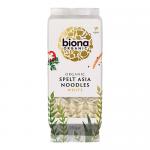 A pack of Biona Organic Spelt Asia Noodles sits upright against a plain background. The clear window reveals pale, coiled spelt strands. The label shows green and white branding, product name, 250g weight and organic logos, with simple grain graphics and clean typography. Soft lighting, subtle shadow